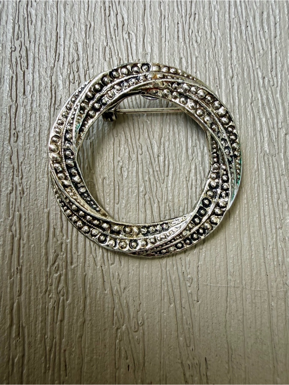 Vintage Silver Tone Interwoven Circle Brooch Textured Pin
